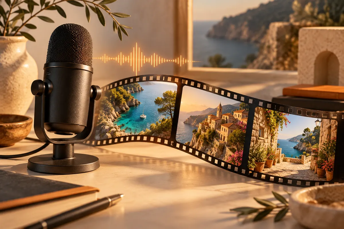 AI-generated concept illustration of a microphone and filmstrip with coastal footage for a narrated video