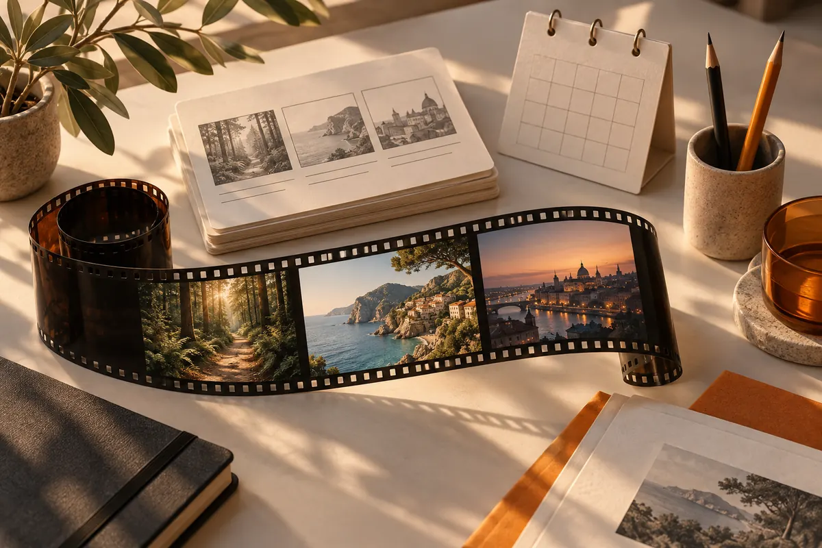AI-generated concept illustration of a filmstrip, creative briefs and calendar on a warm studio desk