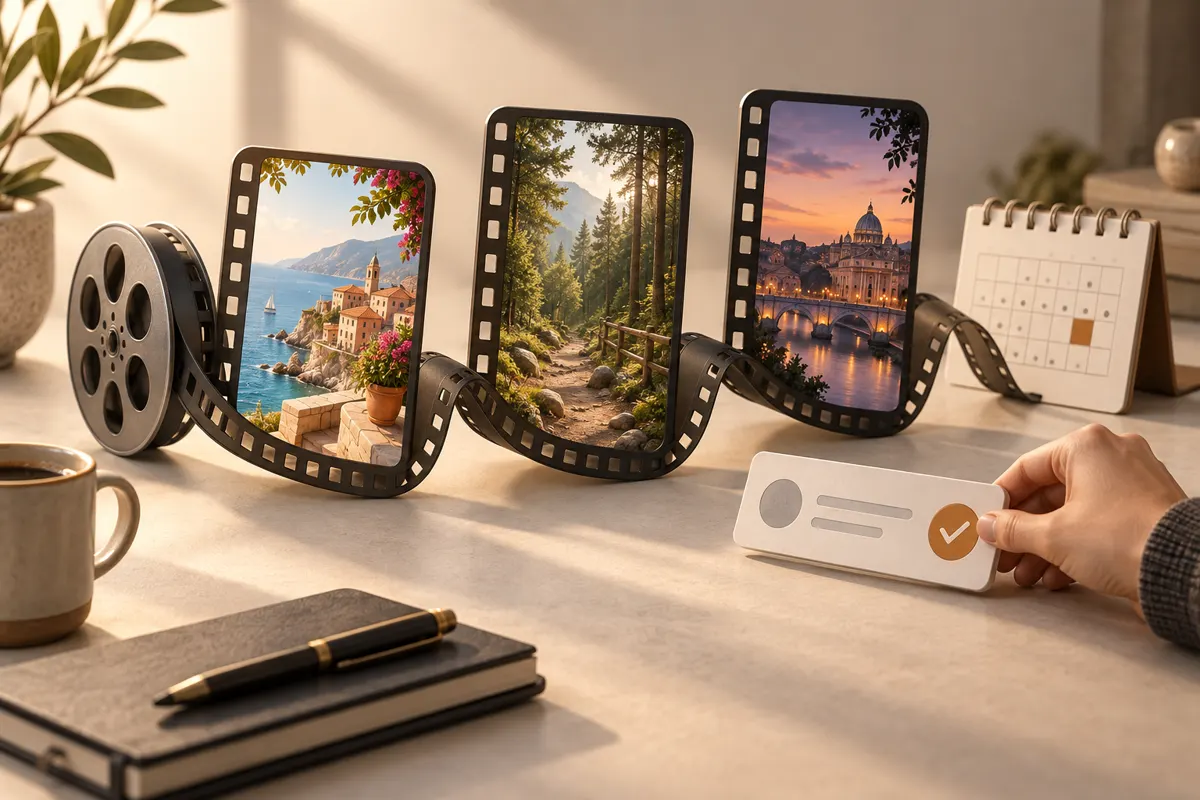 AI-generated concept illustration of cinematic story frames, a calendar and a review card in a creative studio